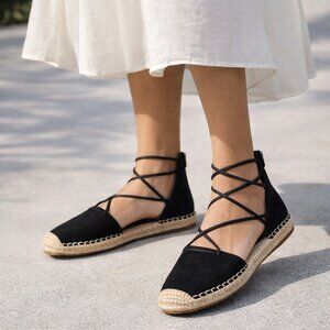 Eileen Fisher Black Suede Espadrille Flats Ankle Wrap Zip Women 8.5